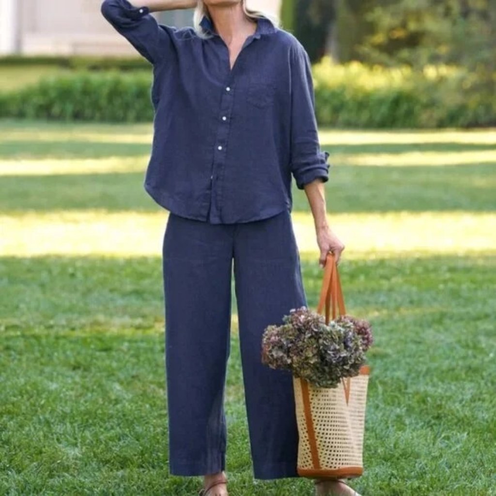 Nwot Frank & Eileen Maisie Pull On Crop Wide Leg Linen Pant In Navy Small